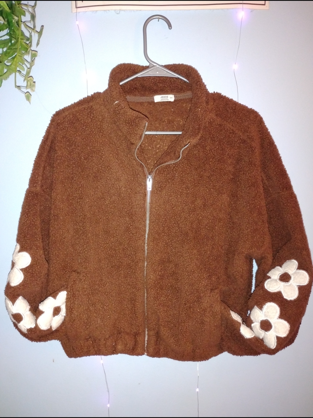 Ardene Brown Sherpa Jacket with Floral Sleeve Detail